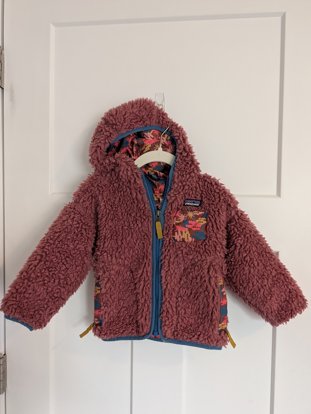 Patagonia Plush Hooded Puffer Jacket in Dusty Rose with Blue Trim